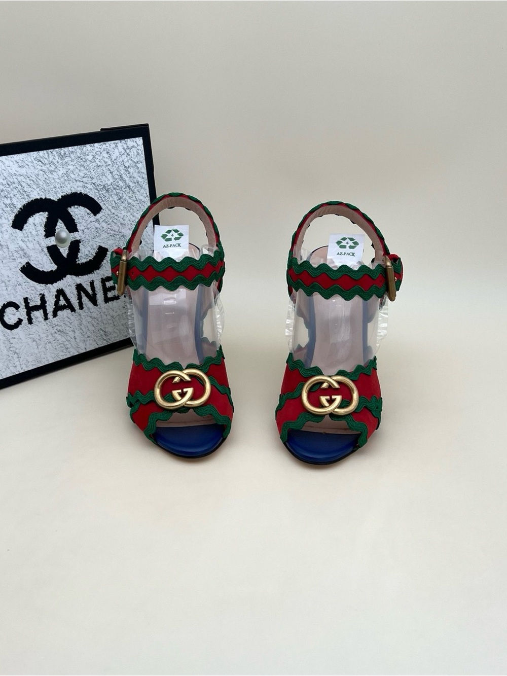 🚩steal Gucci Red & Green Wavy Espadrille Wedge Sandals - Picture 2 of 6